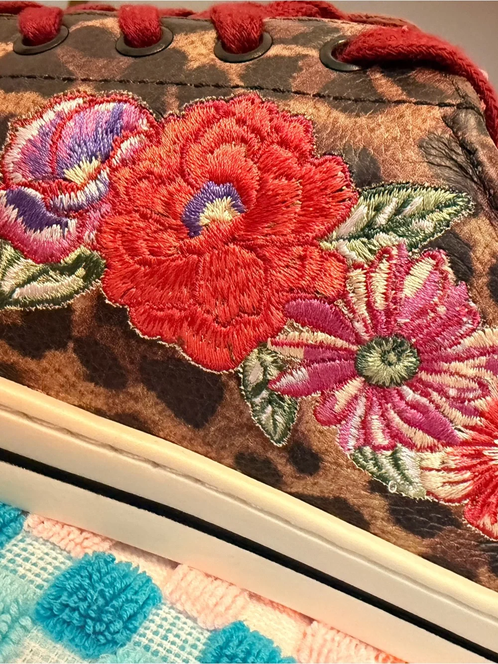 Brighton Leopard Print Sneakers with Red Floral Embroidery